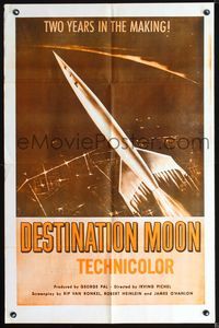 6j194 DESTINATION MOON 1sh R60s Robert A. Heinlein, cool artwork of rocket flying through space!