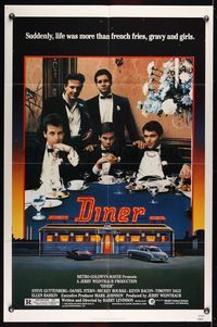 6j199 DINER 1sh '82 Barry Levinson, Kevin Bacon, Daniel Stern, Mickey Rourke, art by Joe Garnett!