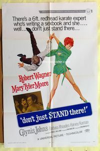 6j210 DON'T JUST STAND THERE 1sh '68 wacky art of sexiest Barbara Rhoades throwing Robert Wagner!