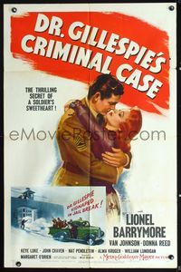 6j212 DR. GILLESPIE'S CRIMINAL CASE 1sh '43 art of soldier Michael Duane romancing Donna Reed!