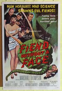 6j254 FIEND WITHOUT A FACE 1sh '58 giant brain & sexy girl in towel, mad science spawns evil!