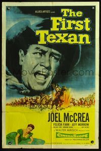 6j264 FIRST TEXAN 1sh '56 great close up image of cowboy Joel McCrea, plus sexy Felicia Farr!