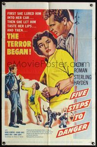 6j268 FIVE STEPS TO DANGER 1sh '57 great artwork of Sterling Hayden handcuffed to Ruth Roman!