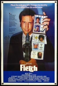 6j270 FLETCH 1sh '85 Michael Ritchie, wacky detective Chevy Chase has gun pulled on him!