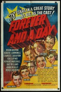 6j277 FOREVER & A DAY style A 1sh '43 Merle Oberon, Charles Laughton, Ida Lupino & 75 others!