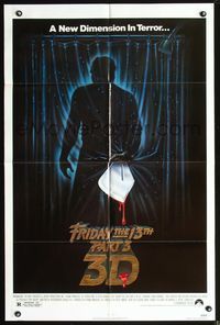 6j281 FRIDAY THE 13th 3 - 3D 1sh '82 slasher sequel, art of Jason stabbing through shower!