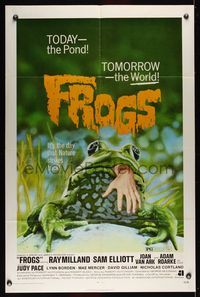6j282 FROGS 1sh '72 great horror art of man-eating amphibian with human hand hanging from mouth!