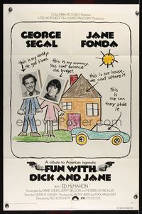 6j287 FUN WITH DICK & JANE 1sh '77 George Segal, Jane Fonda, great child's drawing poster art!