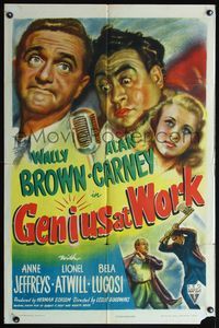 6j293 GENIUS AT WORK 1sh '46 great art of Bela Lugosi with axe, Brown & Carney are nutty sleuths!