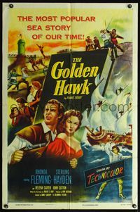 6j310 GOLDEN HAWK 1sh '52 art of pretty Rhonda Fleming & swashbuckling Sterling Hayden!