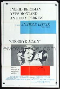 6j312 GOODBYE AGAIN 1sh '61 art of Ingrid Bergman between Yves Montand & Anthony Perkins!