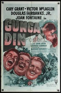 6j324 GUNGA DIN style A 1sh R47 great art of Cary Grant, Douglas Fairbanks Jr. & Victor McLaglen!