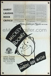 6j338 HARDYS RIDE HIGH reviews 1sh '39 cool Hirschfeld art of Mickey Rooney!