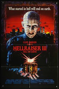 6j349 HELLRAISER III 1sh '92 Clive Barker, great close up image of Pinhead holding cube!
