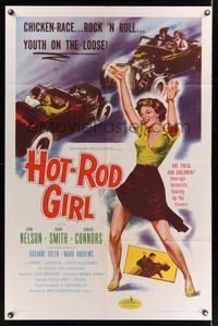 6j368 HOT ROD GIRL 1sh '56 AIP, Lori Nelson, wild sexy dancing bad girl & chicken-race art!