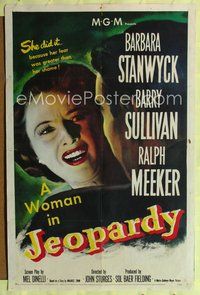 6j415 JEOPARDY 1sh '53 Barbara Stanwyck in Jeopardy, struggling with Ralph Meeker, film noir!