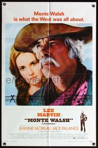 6j552 MONTE WALSH 1sh '70 super close up of cowboy Lee Marvin & pretty Jeanne Moreau!