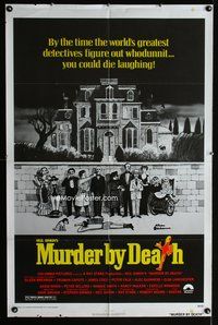 6j566 MURDER BY DEATH 1sh '76 great Charles Addams artwork of cast by dead body & spooky house!