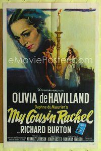 6j577 MY COUSIN RACHEL 1sh '53 artwork of pretty Olivia de Havilland & Richard Burton!