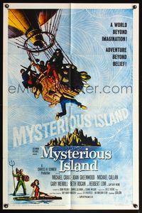 6j583 MYSTERIOUS ISLAND 1sh '61 Ray Harryhausen, Jules Verne sci-fi, cool hot-air balloon image!