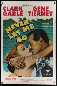 6j591 NEVER LET ME GO 1sh '53 romantic close up artwork of Clark Gable & sexy Gene Tierney!