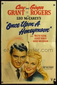 6j624 ONCE UPON A HONEYMOON style A 1sh '42 wonderful smiling portrait of Ginger Rogers & Grant!