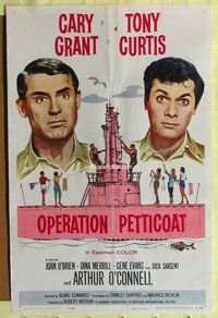6j626 OPERATION PETTICOAT 1sh '59 great artwork of Cary Grant & Tony Curtis on pink submarine!