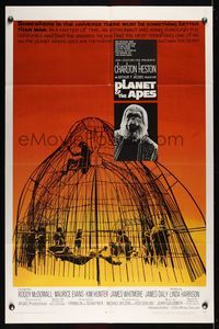 6j659 PLANET OF THE APES 1sh '68 Charlton Heston, classic sci-fi, cool image of caged humans!