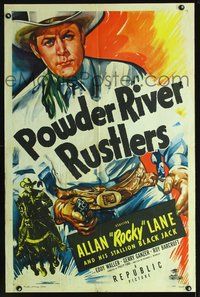 6j667 POWDER RIVER RUSTLERS 1sh '49 Rocky Lane w/gun & his horse Black Jack!
