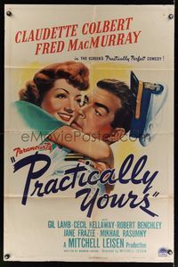 6j668 PRACTICALLY YOURS style A 1sh '44 art of Claudette Colbert hugging Air Force pilot MacMurray!