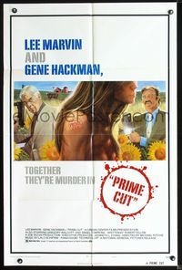 6j671 PRIME CUT style A 1sh '72 Lee Marvin w/machine gun, Gene Hackman w/cleaver!