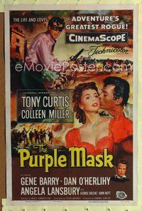 6j685 PURPLE MASK 1sh '55 masked avenger Tony Curtis w/pretty Colleen Miller!