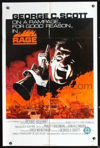 6j691 RAGE 1sh '72 wild Akimoto artwork of George C. Scott on a rampage for good reason!