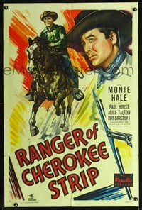6j695 RANGER OF CHEROKEE STRIP 1sh '49 art of cowboy Monte Hale w/gun in western action!