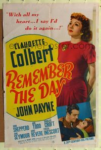 6j700 REMEMBER THE DAY 1sh '41 full-length pretty Claudette Colbert & held by John Payne!