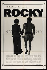6j714 ROCKY 1sh '77 boxer Sylvester Stallone holding hands with Talia Shire, boxing classic!
