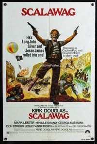 6j736 SCALAWAG 1sh '73 great artwork of Kirk Douglas as Captain Peg, Mark Lester, pirates!