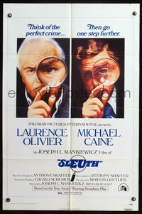 6j774 SLEUTH 1sh '72 close-ups of Laurence Olivier & Michael Caine with magnifying glasses!