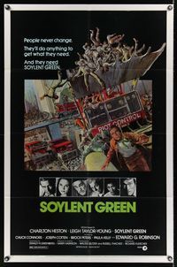 6j792 SOYLENT GREEN 1sh '73 art of Charlton Heston trying to escape riot control by John Solie!