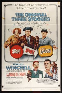 6j815 STOP LOOK & LAUGH 1sh '60 Three Stooges, Larry, Moe & Curly + chimpanzees & dummy!