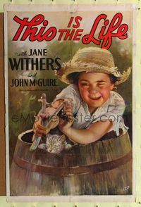 6j894 THIS IS THE LIFE style A 1sh '35 art of runaway Jane Withers with slingshot & kitten!