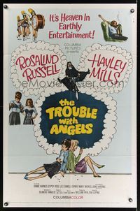 6j926 TROUBLE WITH ANGELS 1sh '66 art of nun Rosalind Russell on bike with Hayley Mills!