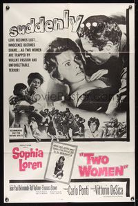 6j937 TWO WOMEN 1sh '61 Vittorio De Sica's La Ciociara, art of terrified Sophia Loren!