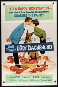 6j940 UGLY DACHSHUND 1sh '66 Walt Disney, great art of Great Dane with wiener dogs!