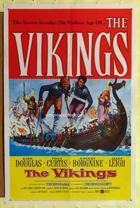 6j952 VIKINGS 1sh '58 art of Kirk Douglas, Tony Curtis & sexy Janet Leigh on long ship!