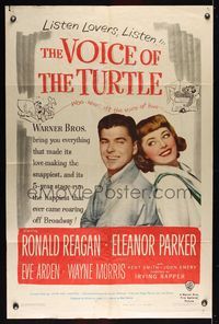 6j954 VOICE OF THE TURTLE 1sh '48 c/u of smiling Ronald Reagan & Eleanor Parker back-to-back!