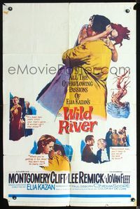 6j981 WILD RIVER 1sh '60 directed by Elia Kazan, Montgomery Clift embraces Lee Remick!