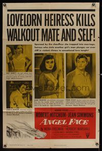 6k026 ANGEL FACE style A 1sh '53 Robert Mitchum, heiress Jean Simmons, Otto Preminger, Howard Hughes