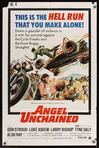 6k028 ANGEL UNCHAINED 1sh '70 AIP, bikers & hippies, this is the hell run that you make alone!