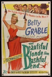 6k058 BEAUTIFUL BLONDE FROM BASHFUL BEND 1sh '49 Preston Sturges, Betty Grable has the big guns!